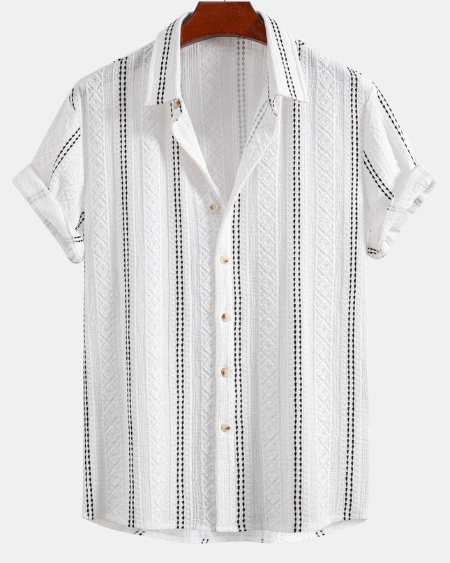 Geometric Striped Jacquard Button Up Shirt & Crinkle Textured Straight Leg Pants