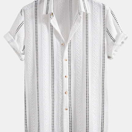 Geometric Striped Jacquard Button Up Shirt & Crinkled Textured Drawstring Shorts