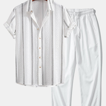 Geometric Striped Jacquard Button Up Shirt & Crinkle Textured Straight Leg Pants