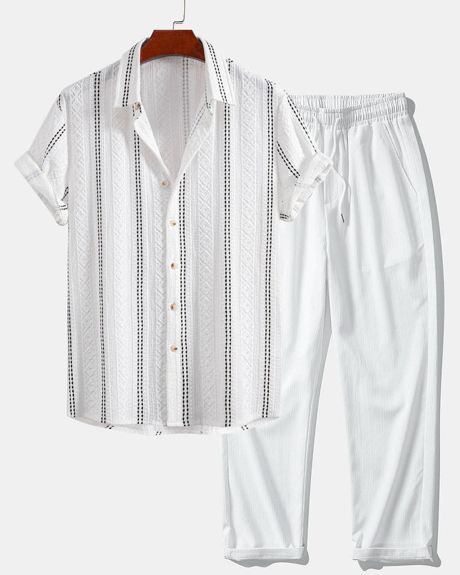 Geometric Striped Jacquard Button Up Shirt & Crinkle Textured Straight Leg Pants