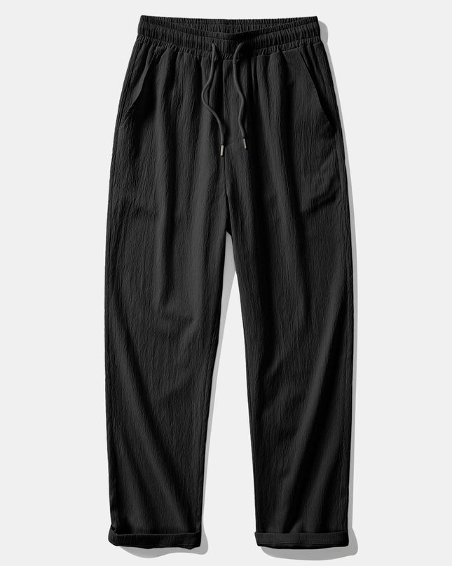 Geometric Jacquard Eyelet Cuban Shirt & Crinkle Textured Straight Leg Pants