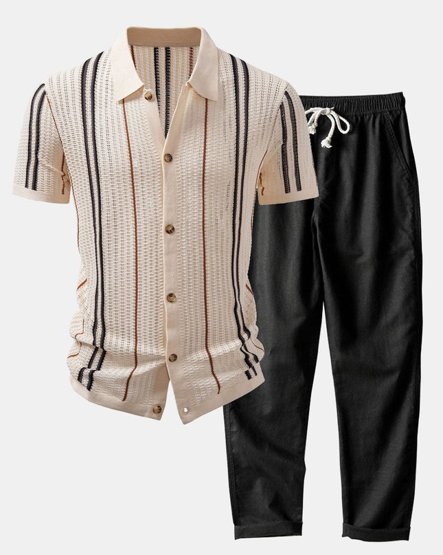 Stripe Crochet Button Up Shirt & Straight Leg Linen Pants