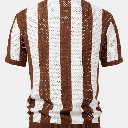 Striped Eyelet Knit Zip Up Polo Shirt & Straight Leg Linen Pants
