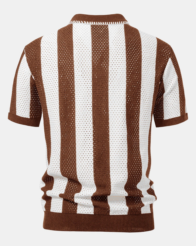 Striped Eyelet Knit Zip Up Polo Shirt & Straight Leg Linen Pants