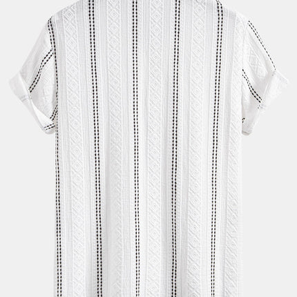 Geometric Striped Jacquard Button Up Shirt & Crinkled Textured Drawstring Shorts