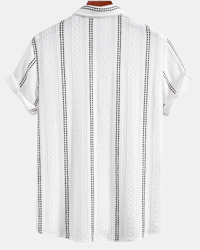 Geometric Striped Jacquard Button Up Shirt & Crinkled Textured Drawstring Shorts