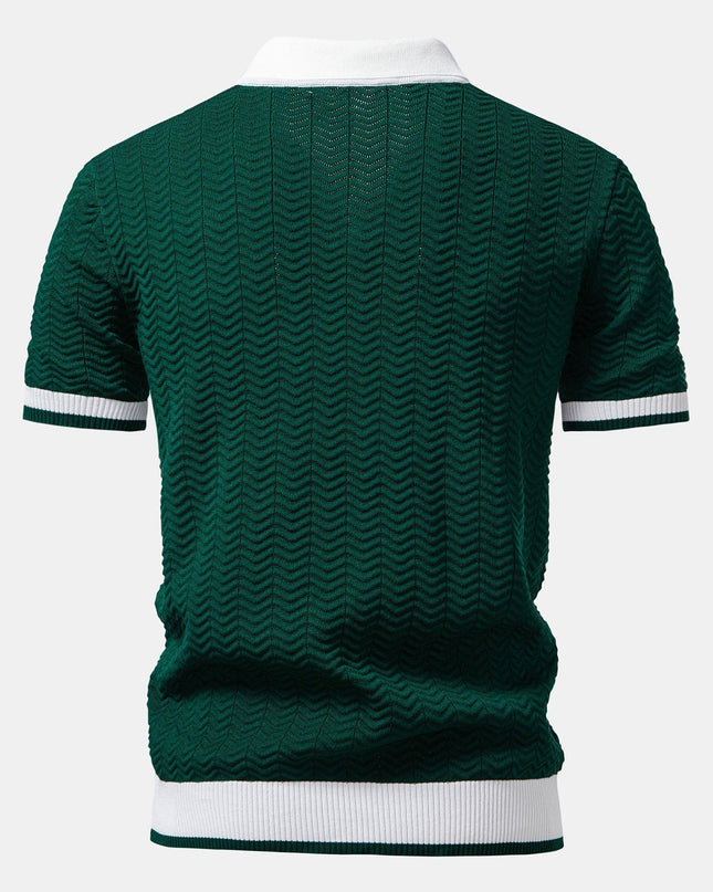 Texture Contrast Knitted V Neck Polo Shirt & Straight Leg Ribbed Pants
