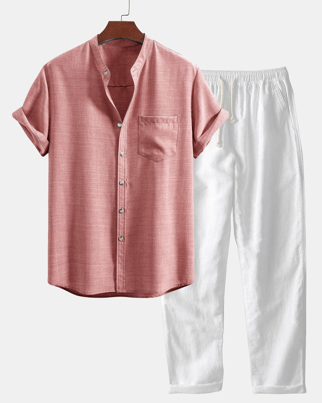 Short Sleeve Stand Collar Shirt & Straight Leg Linen Pants