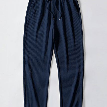 Texture Contrast Knitted V Neck Polo Shirt & Straight Leg Ribbed Pants