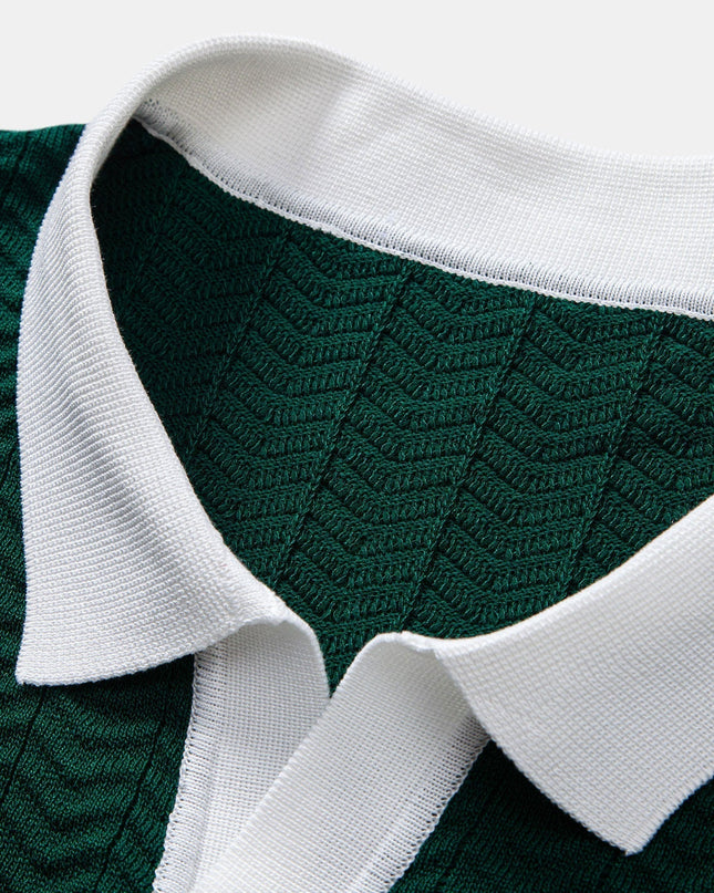 Texture Contrast Knitted V Neck Polo Shirt & Cotton Chino Shorts