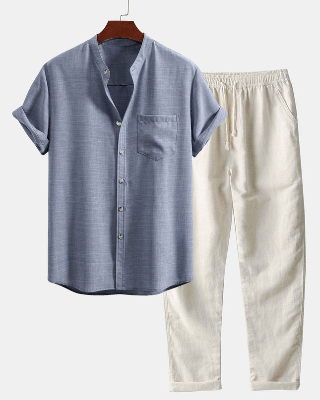 Short Sleeve Stand Collar Shirt & Straight Leg Linen Pants