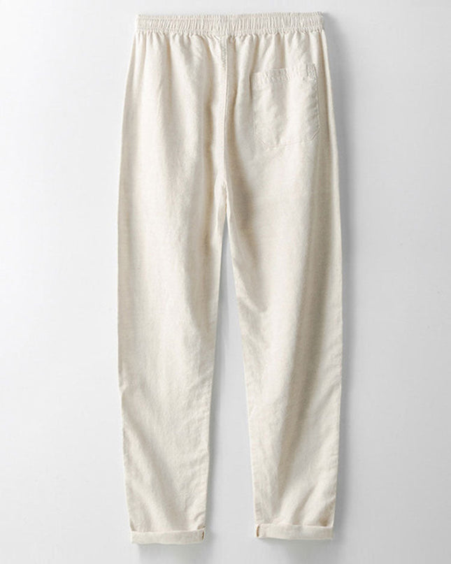 Striped Eyelet Knit Zip Up Polo Shirt & Straight Leg Linen Pants
