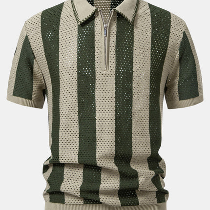 Striped Eyelet Knit Zip Up Polo Shirt & Straight Leg Linen Pants