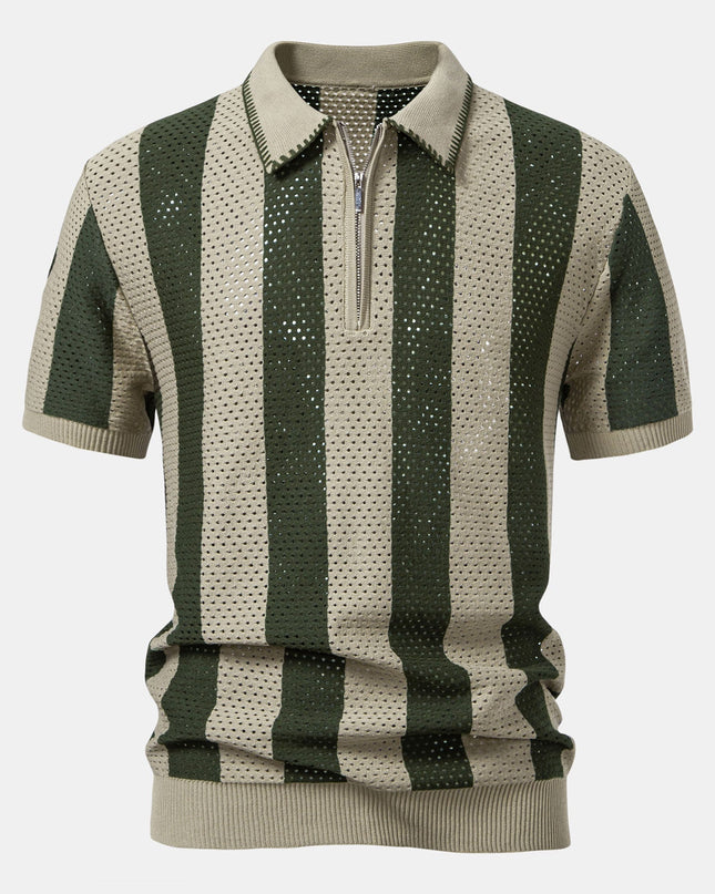 Striped Eyelet Knit Zip Up Polo Shirt & Straight Leg Linen Pants