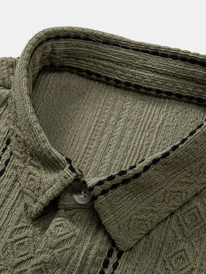 Geometric Striped Jacquard Button Up Shirt & Crinkle Textured Straight Leg Pants