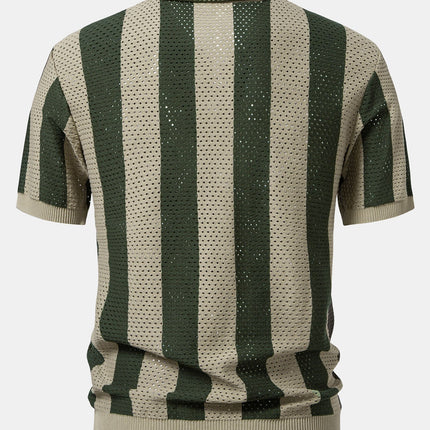 Striped Eyelet Knit Zip Up Polo Shirt & Straight Leg Linen Pants