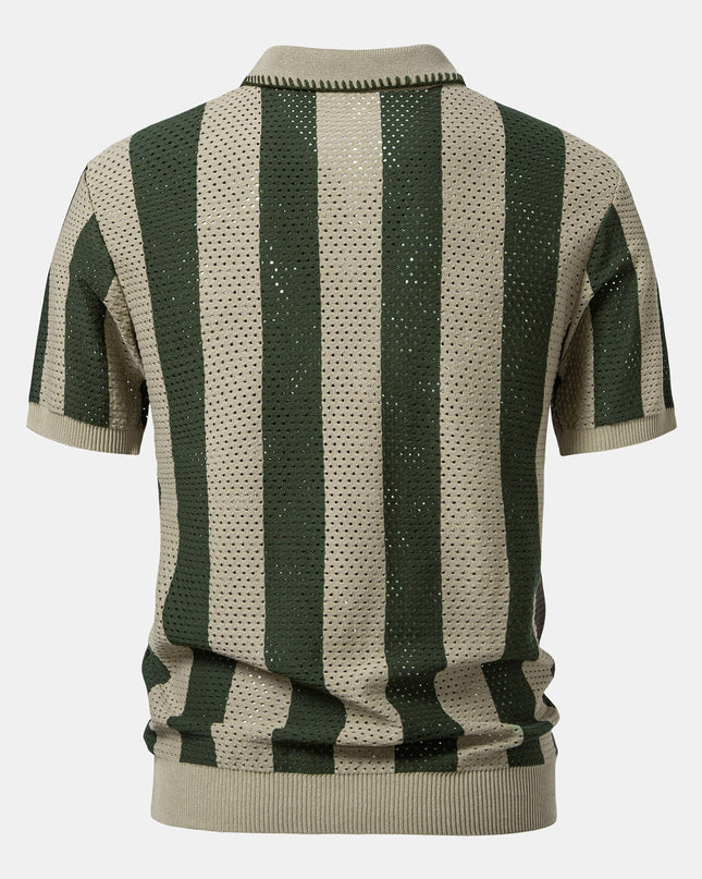 Striped Eyelet Knit Zip Up Polo Shirt & Straight Leg Linen Pants