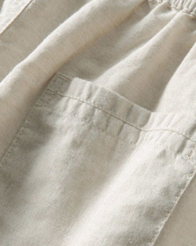 Striped Eyelet Knit Zip Up Polo Shirt & Straight Leg Linen Pants