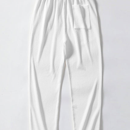 Texture Contrast Knitted V Neck Polo Shirt & Straight Leg Ribbed Pants