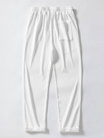 Texture Contrast Knitted V Neck Polo Shirt & Straight Leg Ribbed Pants