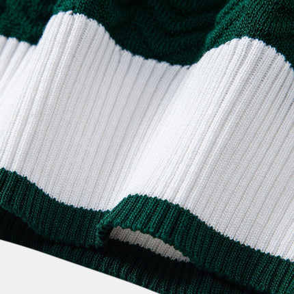 Texture Contrast Knitted V Neck Polo Shirt & Straight Leg Ribbed Pants