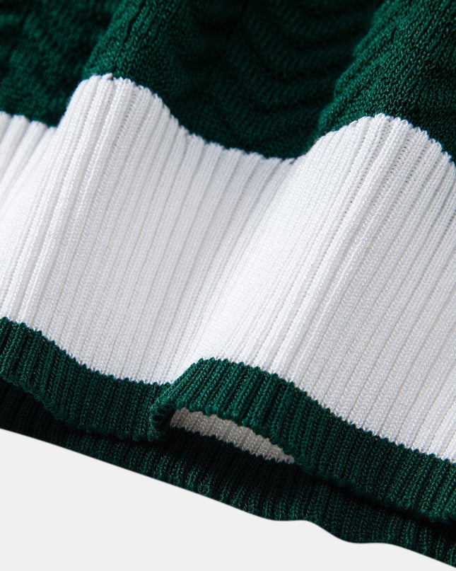 Texture Contrast Knitted V Neck Polo Shirt & Straight Leg Ribbed Pants