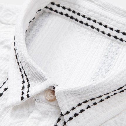 Geometric Striped Jacquard Button Up Shirt & Crinkled Textured Drawstring Shorts