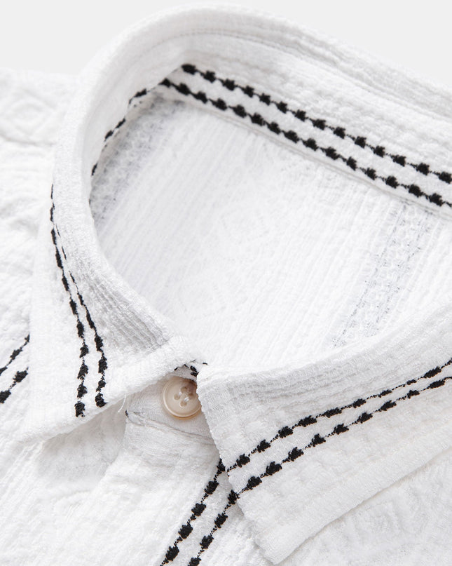 Geometric Striped Jacquard Button Up Shirt & Crinkle Textured Straight Leg Pants