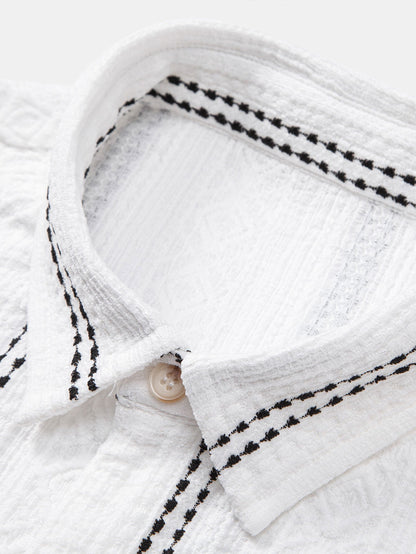 Geometric Striped Jacquard Button Up Shirt & Crinkle Textured Straight Leg Pants