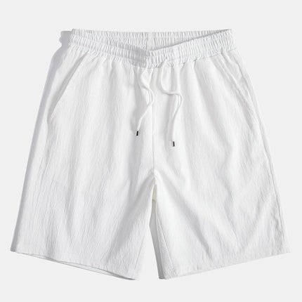Geometric Striped Jacquard Button Up Shirt & Crinkled Textured Drawstring Shorts