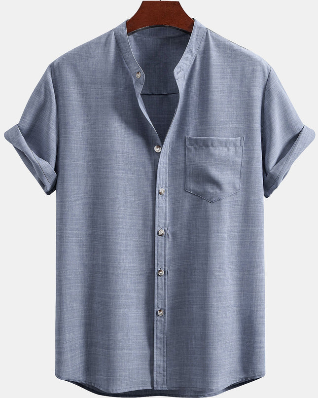 Short Sleeve Stand Collar Shirt & Straight Leg Linen Pants