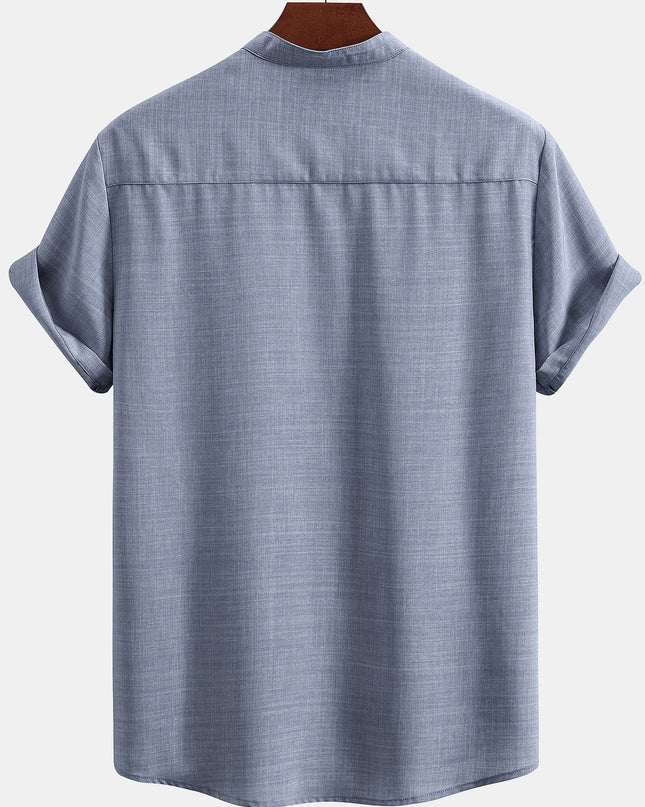 Short Sleeve Stand Collar Shirt & Straight Leg Linen Pants