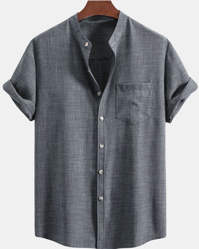 Short Sleeve Stand Collar Shirt & Straight Leg Linen Pants