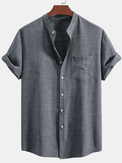 Short Sleeve Stand Collar Shirt & Straight Leg Linen Pants
