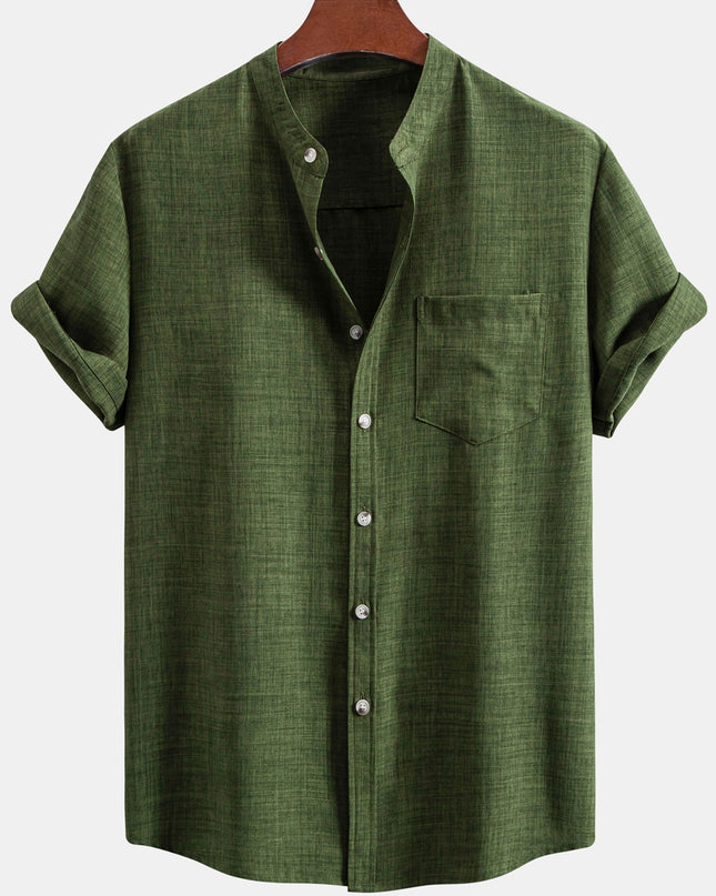 Short Sleeve Stand Collar Shirt & Straight Leg Linen Pants