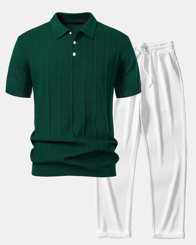 Stripe Jacquard Knit Polo Shirt & Straight Leg Ribbed Pants