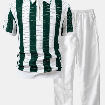 Striped Eyelet Knit Zip Up Polo Shirt & Straight Leg Linen Pants