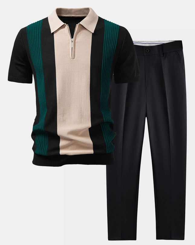 Textured Color Block Knit Polo & Slim Fit Tapered Trousers