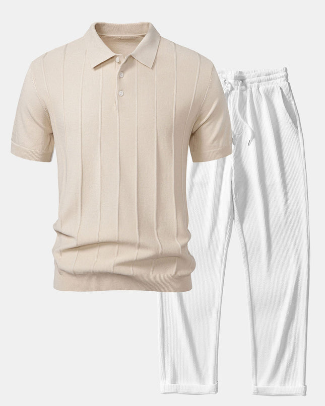 Stripe Jacquard Knit Polo Shirt & Straight Leg Ribbed Pants