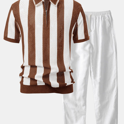 Striped Eyelet Knit Zip Up Polo Shirt & Straight Leg Linen Pants