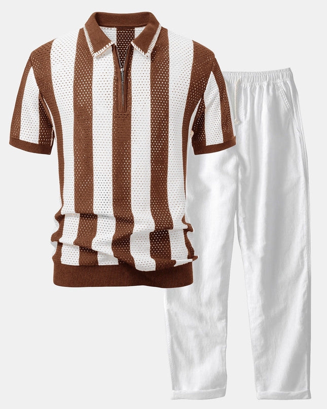 Striped Eyelet Knit Zip Up Polo Shirt & Straight Leg Linen Pants