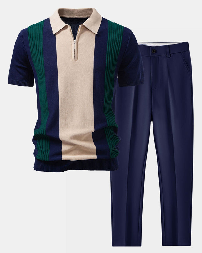 Textured Color Block Knit Polo & Slim Fit Tapered Trousers
