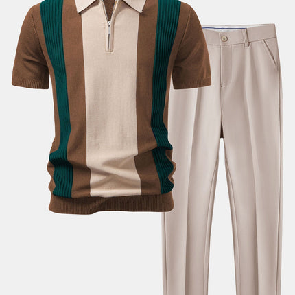 Textured Color Block Knit Polo & Slim Fit Tapered Trousers