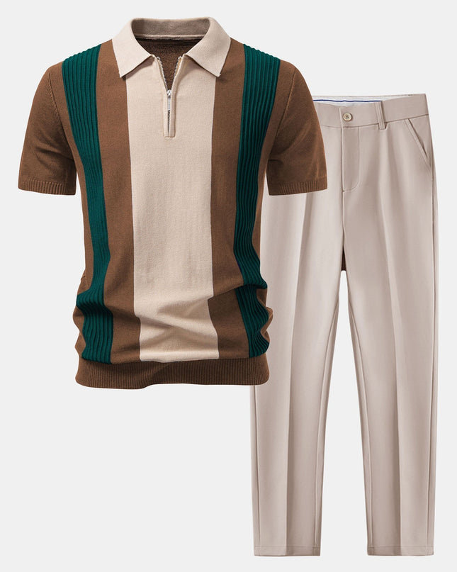 Textured Color Block Knit Polo & Slim Fit Tapered Trousers