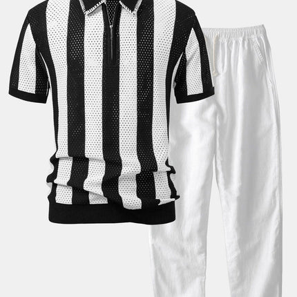 Striped Eyelet Knit Zip Up Polo Shirt & Straight Leg Linen Pants