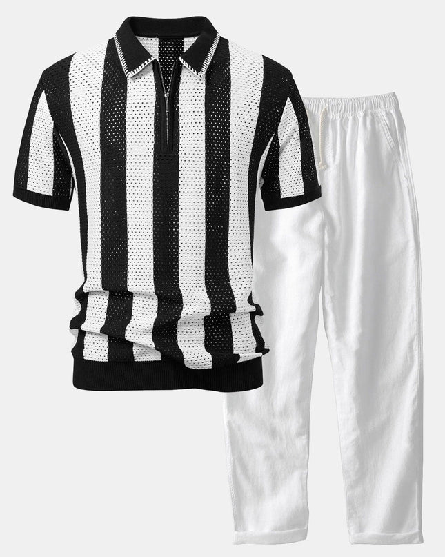 Striped Eyelet Knit Zip Up Polo Shirt & Straight Leg Linen Pants