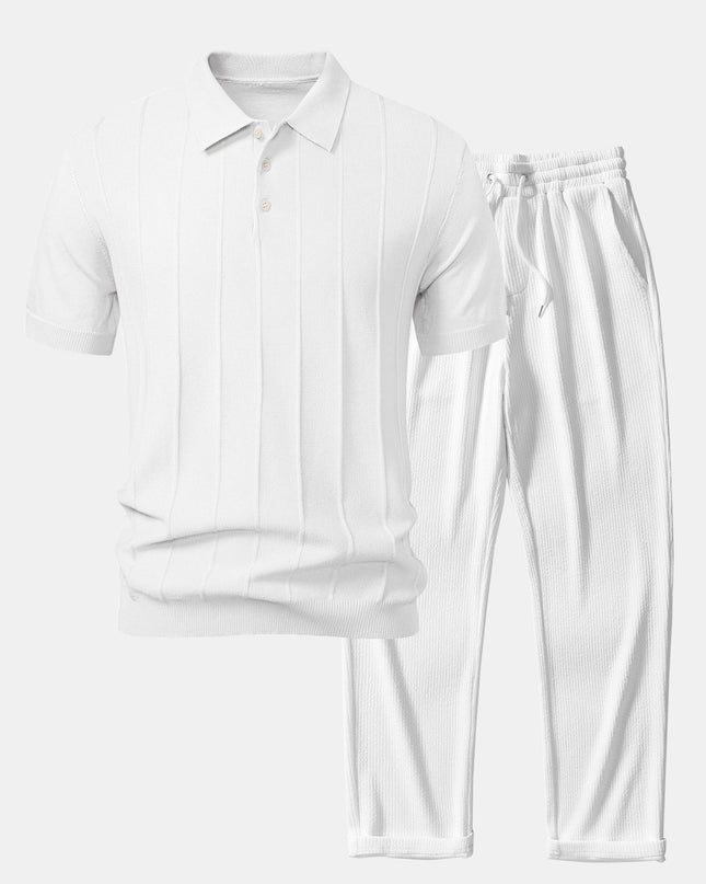 Stripe Jacquard Knit Polo Shirt & Straight Leg Ribbed Pants