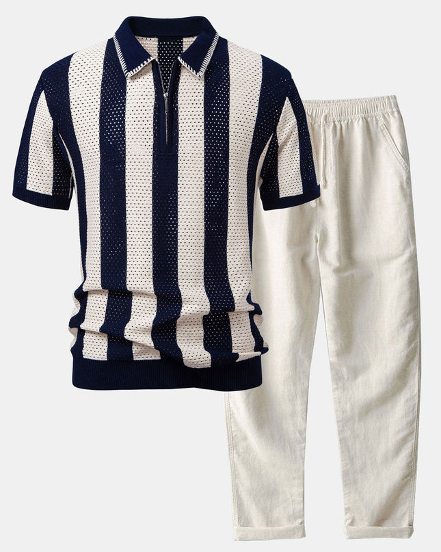 Striped Eyelet Knit Zip Up Polo Shirt & Straight Leg Linen Pants
