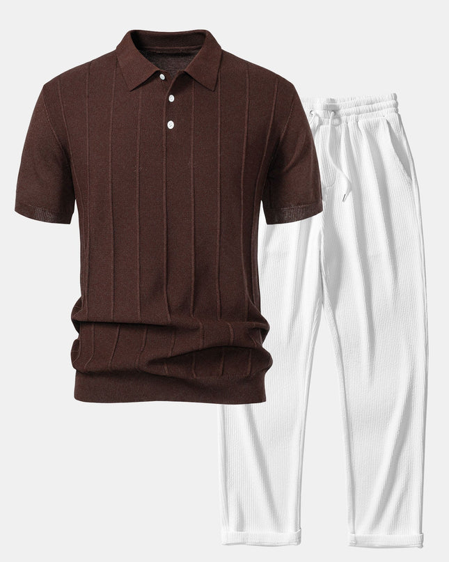Stripe Jacquard Knit Polo Shirt & Straight Leg Ribbed Pants