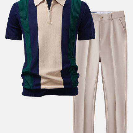 Textured Color Block Knit Polo & Slim Fit Tapered Trousers